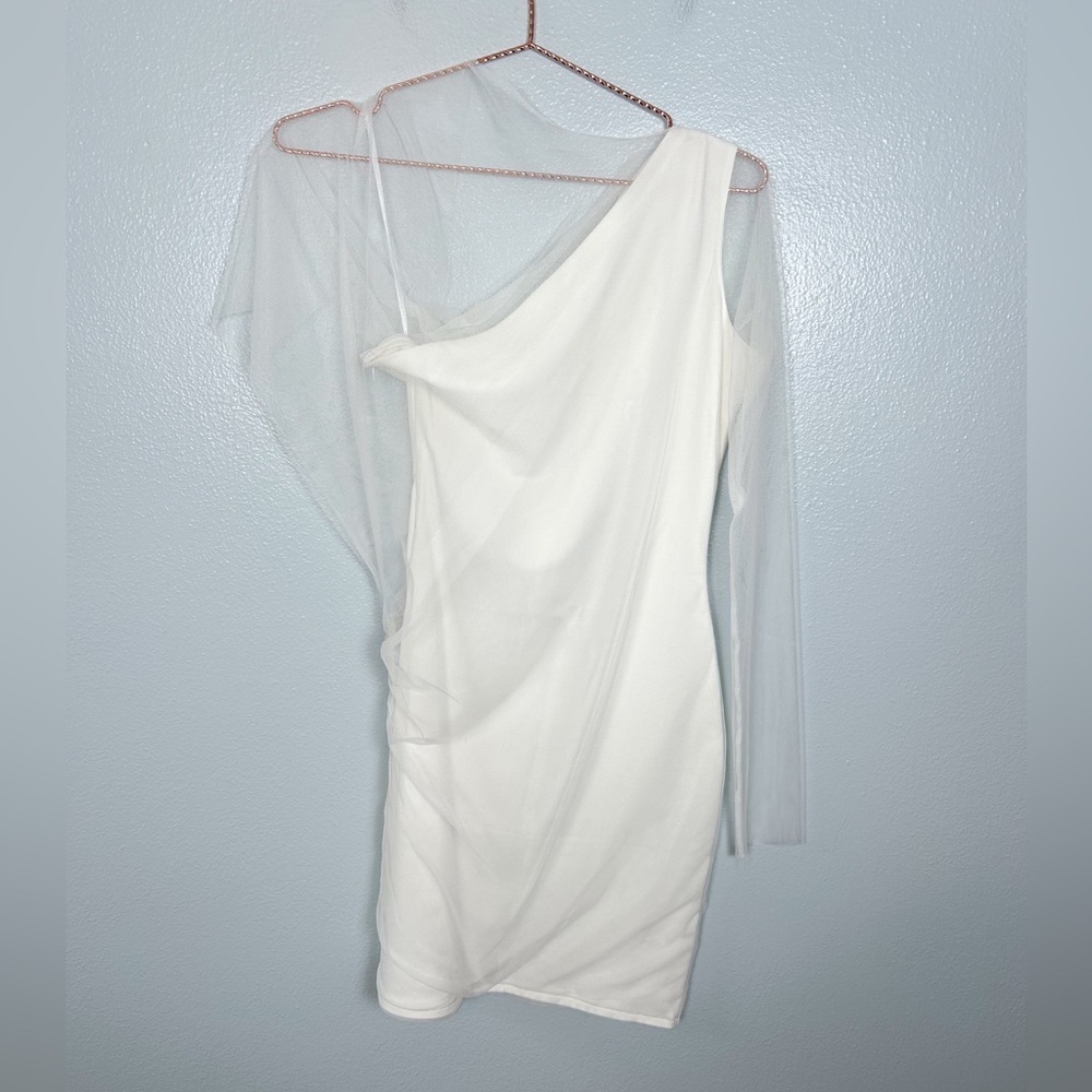 Marcella White One-Shoulder Dress with Mesh Overlay - Picture 2 of 9
